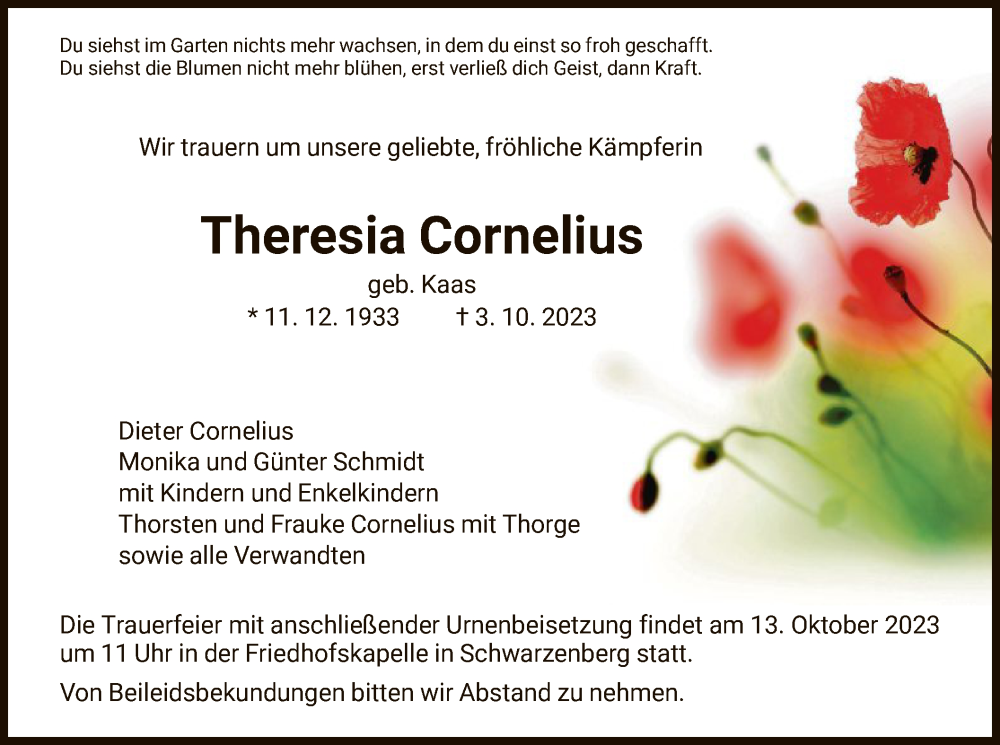  Traueranzeige für Theresia Cornelius vom 07.10.2023 aus HNA