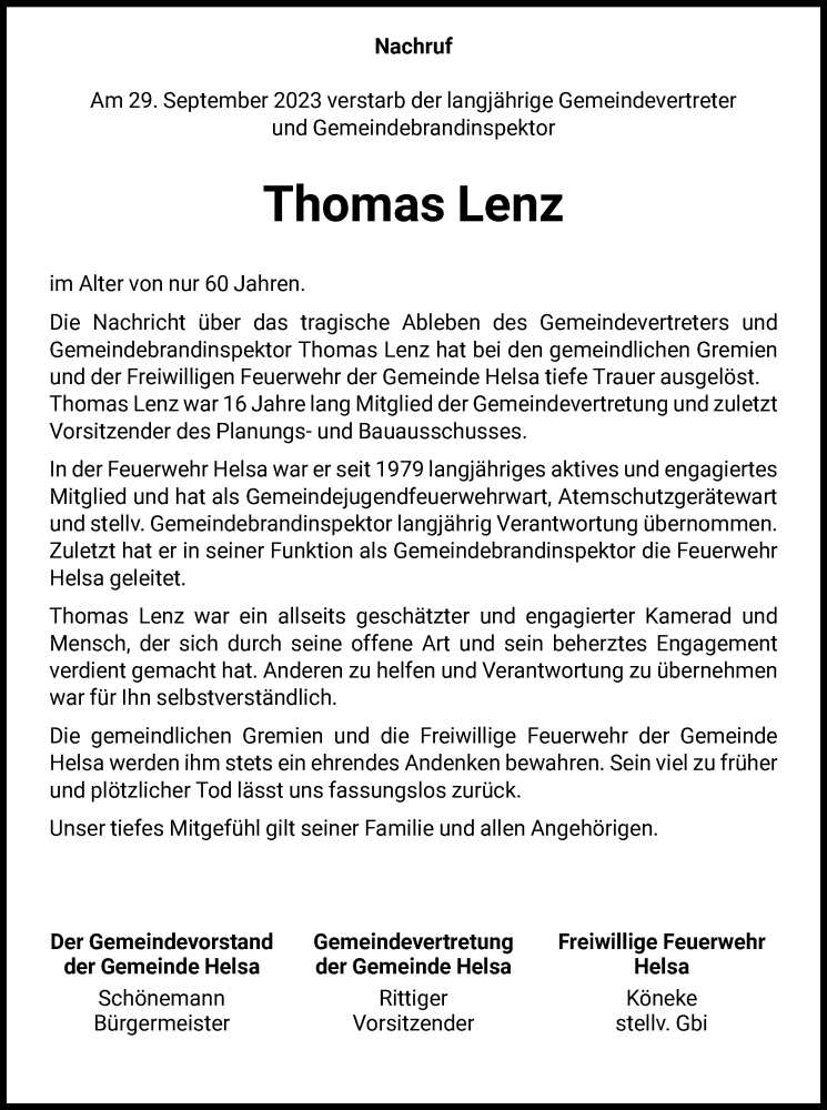  Traueranzeige für Thomas Lenz vom 07.10.2023 aus HNA