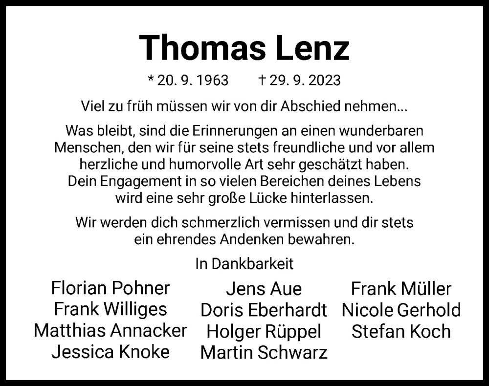  Traueranzeige für Thomas Lenz vom 07.10.2023 aus HNA
