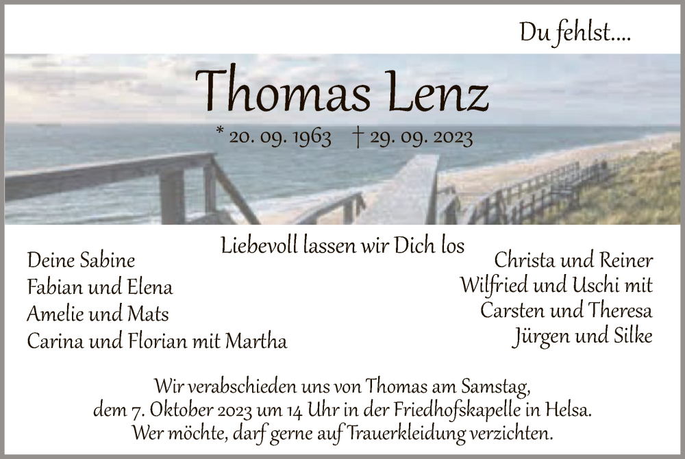  Traueranzeige für Thomas Lenz vom 05.10.2023 aus HNA