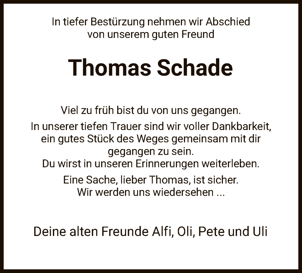  Traueranzeige für Thomas Schade vom 28.10.2023 aus HNA