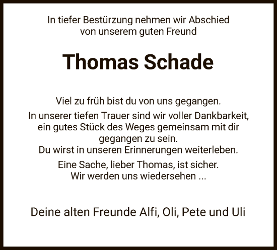 Traueranzeige von Thomas Schade von HNA