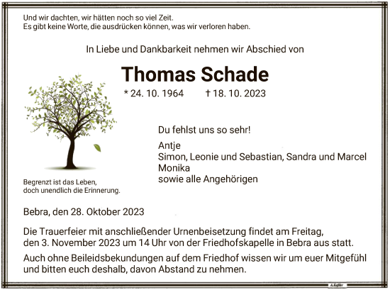 Traueranzeige von Thomas Schade von HNA