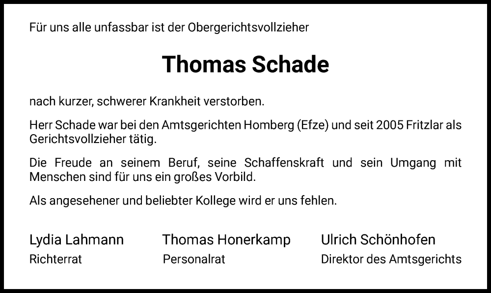  Traueranzeige für Thomas Schade vom 28.10.2023 aus HNAHNA