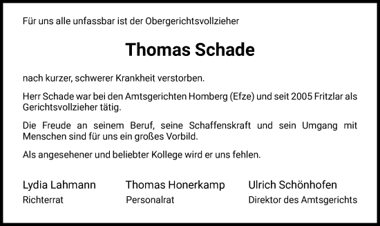 Traueranzeige von Thomas Schade von HNAHNA