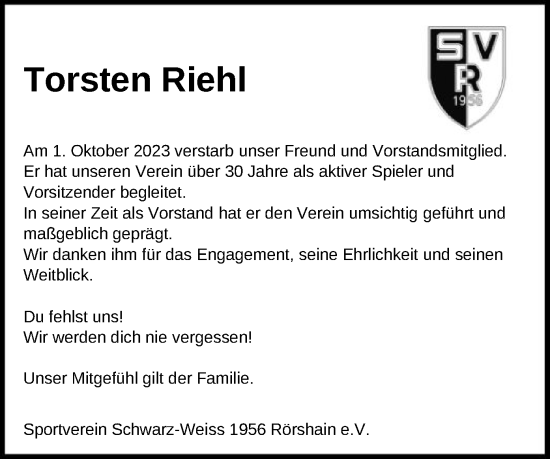 Traueranzeige von Torsten Riehl von HNA