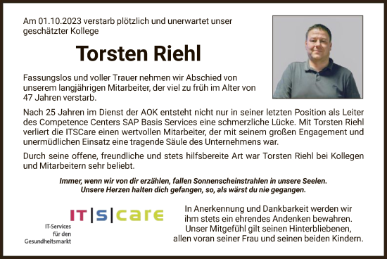 Traueranzeige von Torsten Riehl von HNA