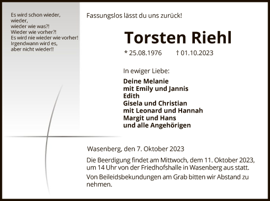 Traueranzeige von Torsten Riehl von HNA