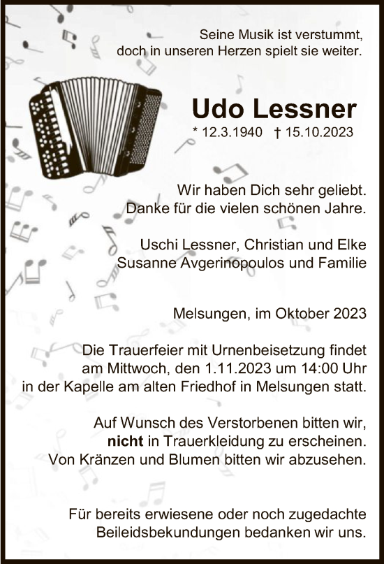 Traueranzeige von Udo Lessner von HNA