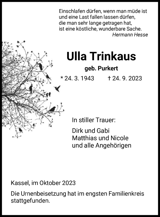 Traueranzeige von Ulla Trinkaus von HNA