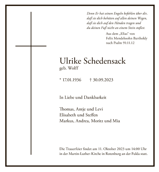 Traueranzeige von Ulrike Schedensack von HNA