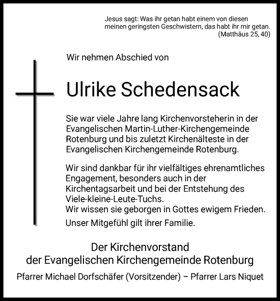 Traueranzeige von Ulrike Schedensack von HNA
