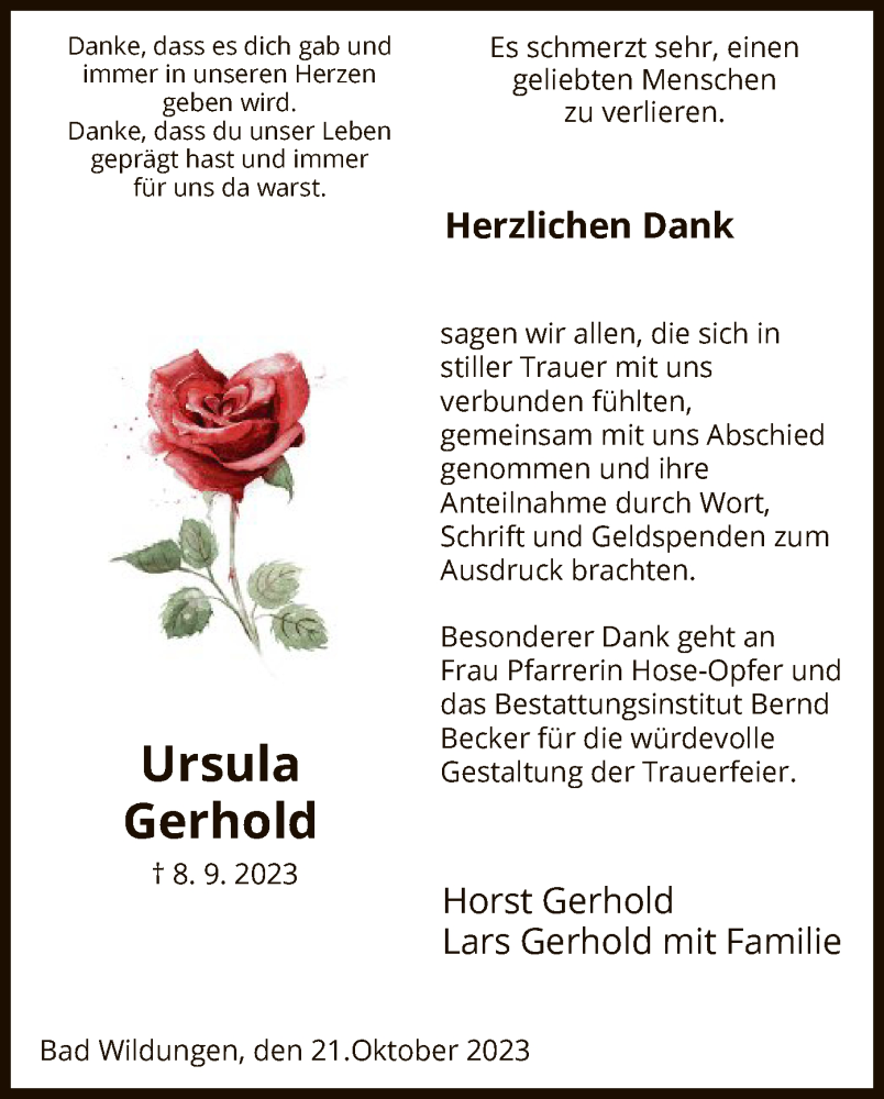  Traueranzeige für Ursula Gerhold vom 21.10.2023 aus HNA