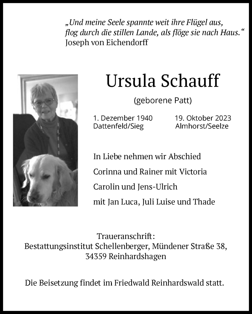  Traueranzeige für Ursula Schauff vom 28.10.2023 aus HNAHNA