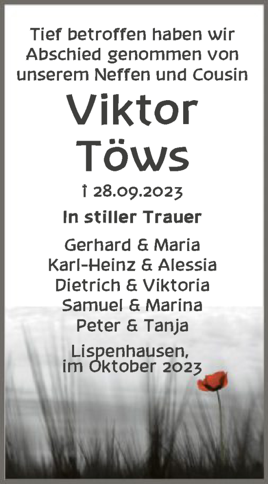 Traueranzeige von Viktor Töws von HNA