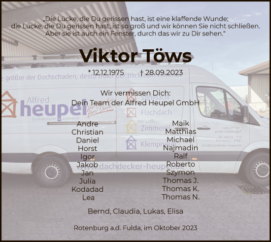 Traueranzeige von Viktor Töws von HNA
