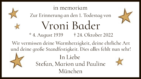 Traueranzeige von Vroni Bader von HNA