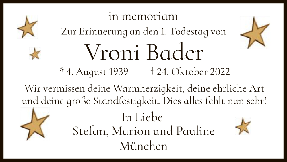  Traueranzeige für Vroni Bader vom 24.10.2023 aus HNA