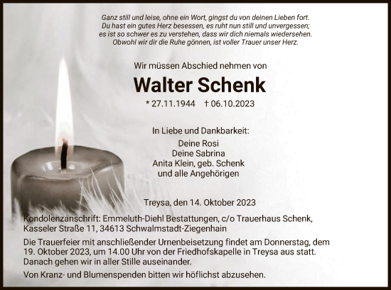 Traueranzeige von Walter Schenk von HNA