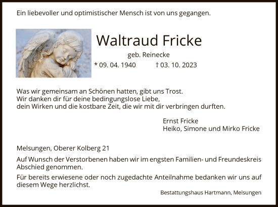 Traueranzeige von Waltraud Fricke von HNA