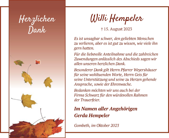 Traueranzeige von Willi Hempeler von HNA
