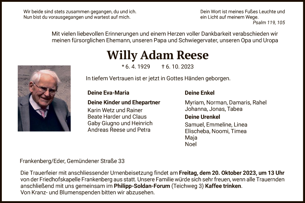  Traueranzeige für Willy Adam Reese vom 12.10.2023 aus HNA