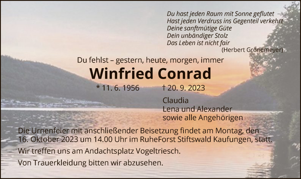  Traueranzeige für Winfried Conrad vom 11.10.2023 aus HNA