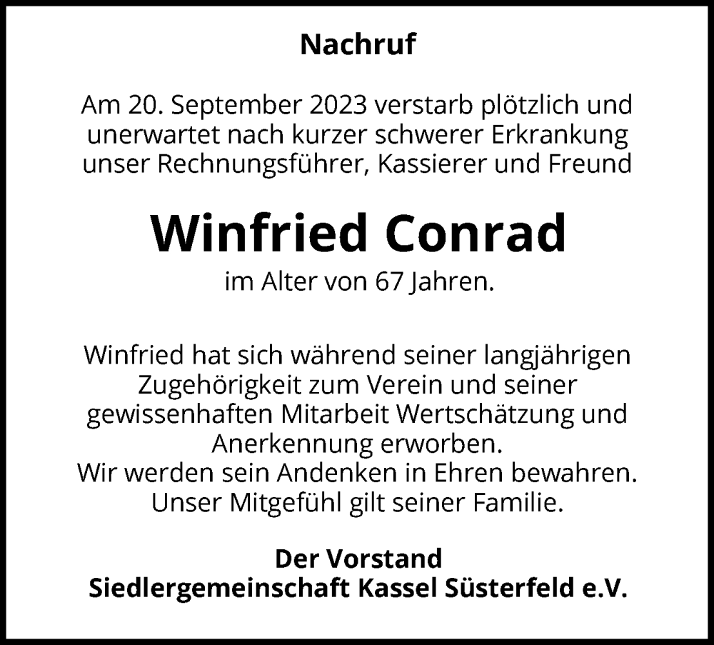  Traueranzeige für Winfried Conrad vom 11.10.2023 aus HNA