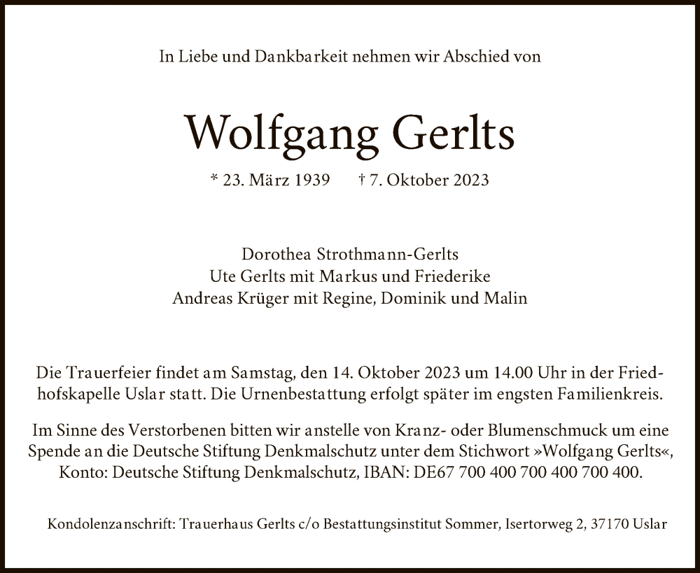  Traueranzeige für Wolfgang Gerlts vom 11.10.2023 aus HNA