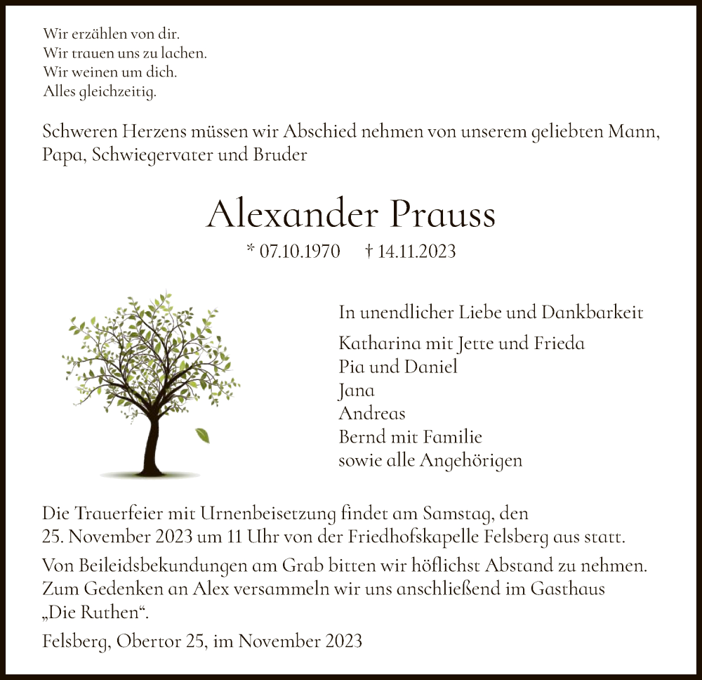  Traueranzeige für Alexander Prauss vom 18.11.2023 aus HNA