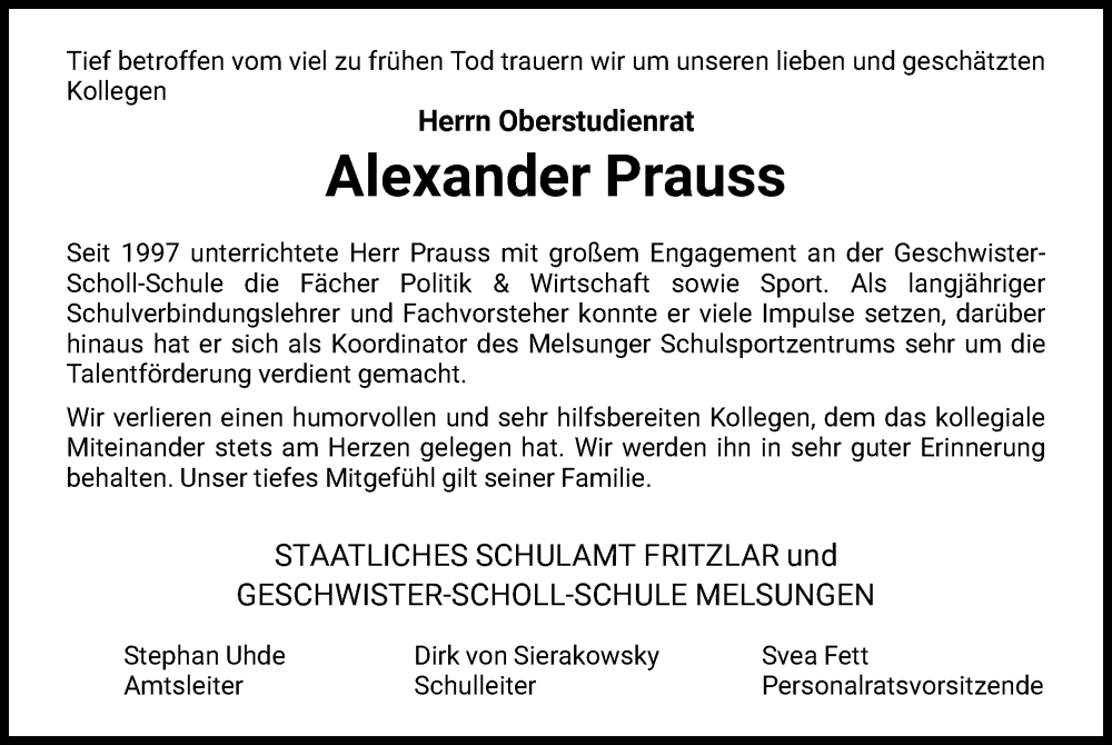  Traueranzeige für Alexander Prauss vom 18.11.2023 aus HNA