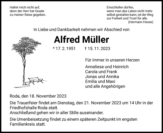 Traueranzeige von Alfred Müller von HNA