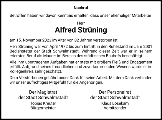 Traueranzeige von Alfred Strüning von HNA