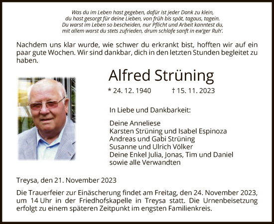 Traueranzeige von Alfred Strüning von HNA