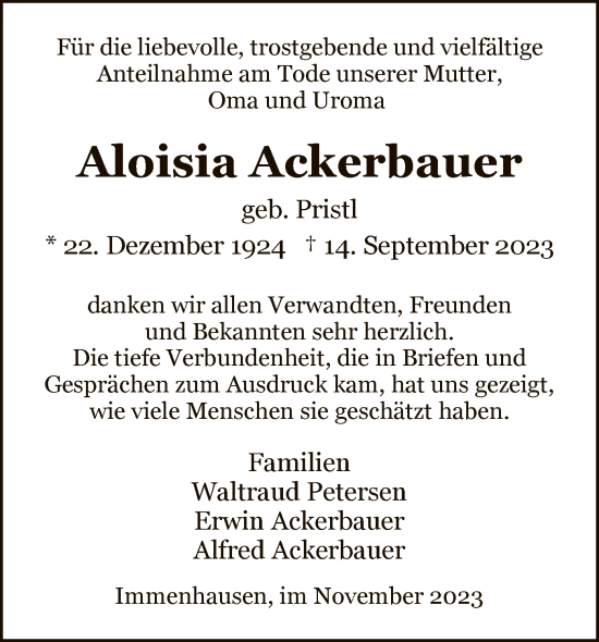 Traueranzeige von Aloisia Ackerbauer von HNA