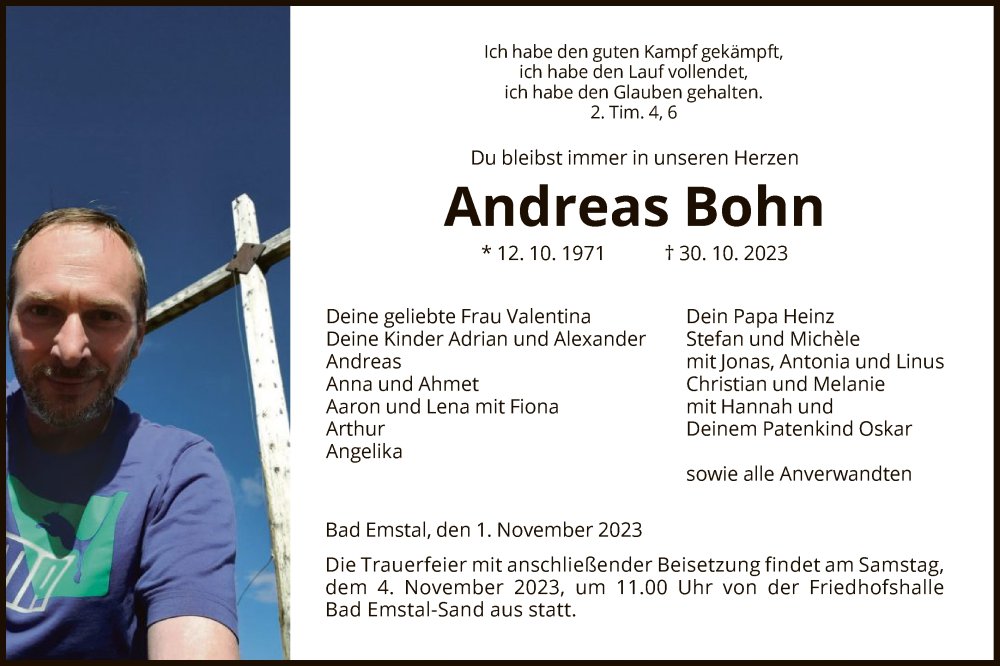  Traueranzeige für Andreas Bohn vom 01.11.2023 aus HNA