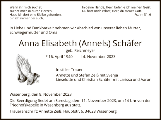 Traueranzeige von Anna Elisabeth  Schäfer von HNA