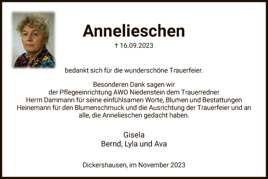 Traueranzeige von Annelieschen  von HNA