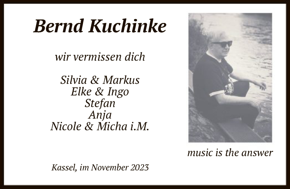  Traueranzeige für Bernd Kuchinke vom 13.11.2023 aus HNA