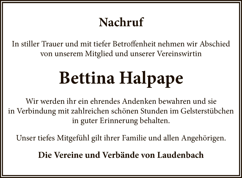  Traueranzeige für Bettina Halpape vom 04.11.2023 aus HNA