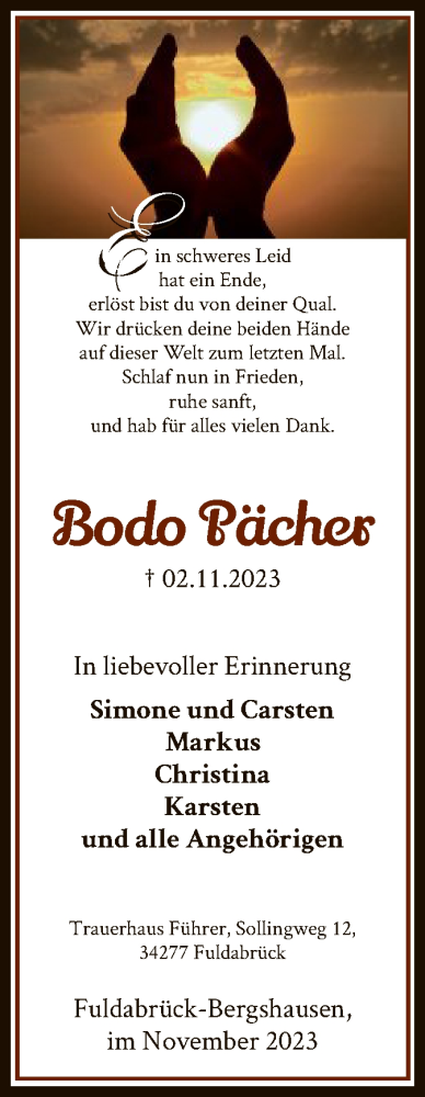 Traueranzeige von Bodo Pächer von HNA