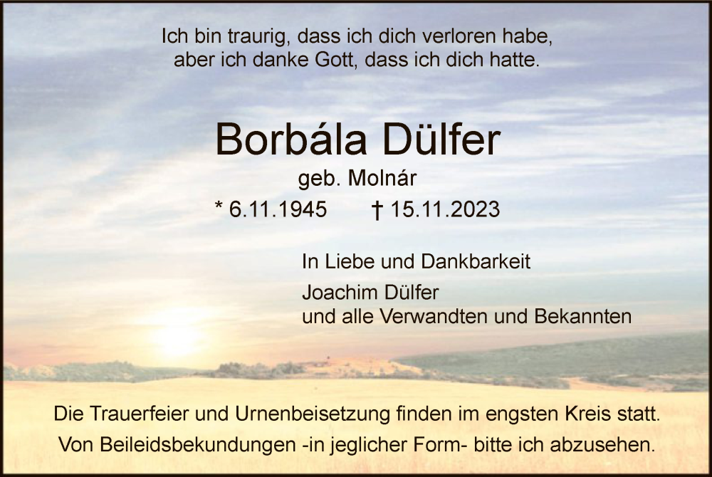  Traueranzeige für Borbala Dülfer vom 25.11.2023 aus HNA