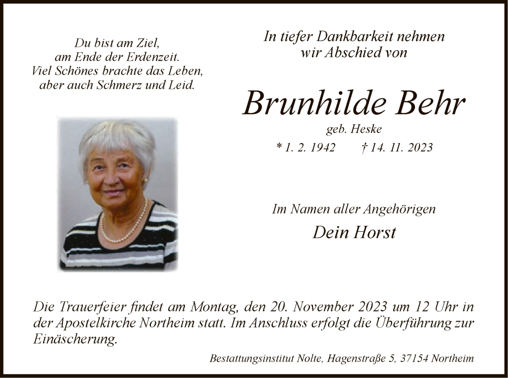  Traueranzeige für Brunhilde Behr vom 17.11.2023 aus HNA