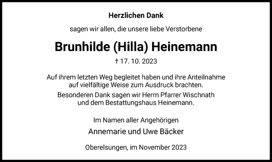Traueranzeige von Brunhilde Heinemann von HNA
