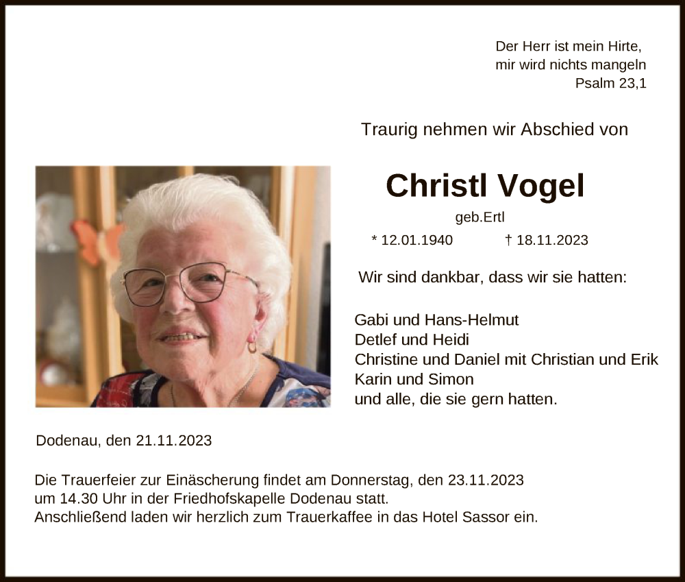  Traueranzeige für Christl Vogel vom 21.11.2023 aus HNA