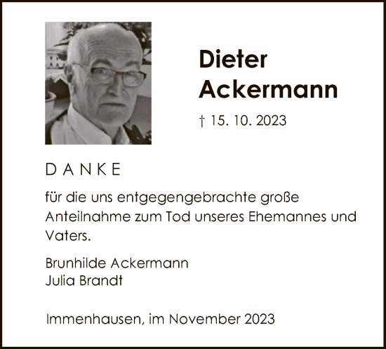 Traueranzeige von Dieter Ackermann von HNAHNA