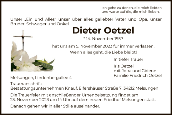 Traueranzeige von Dieter Oetzel von HNA