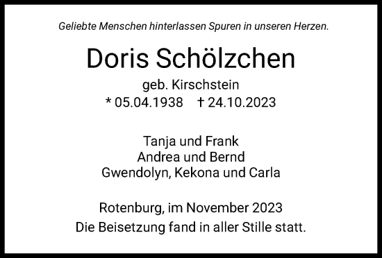 Traueranzeige von Doris Schölzchen von HNA