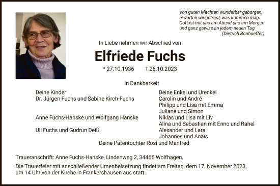 Traueranzeige von Elfriede Fuchs von HNAWRSWRS