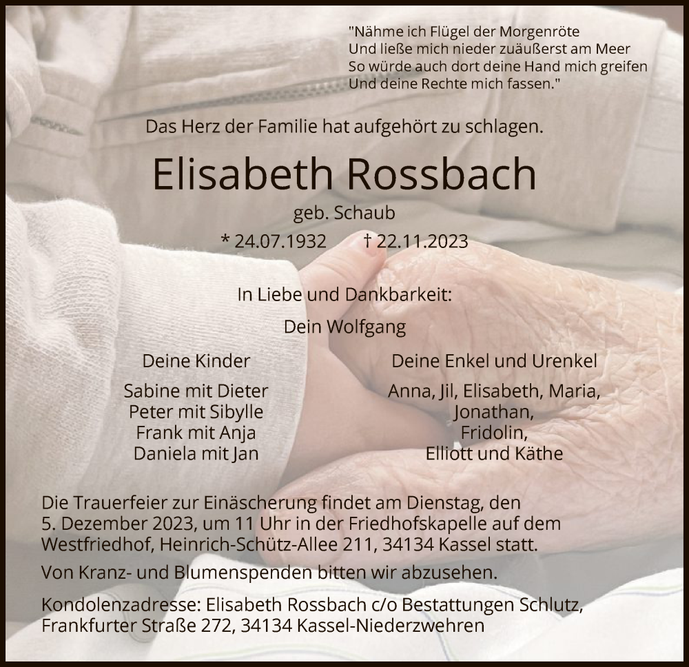  Traueranzeige für Elisabeth Rossbach vom 25.11.2023 aus HNA
